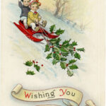 Free Vintage Christmas Printable Postcard Children Sledding Vintage