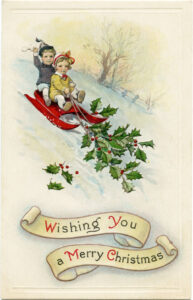 Free Vintage Christmas Printable Postcard Children Sledding Vintage