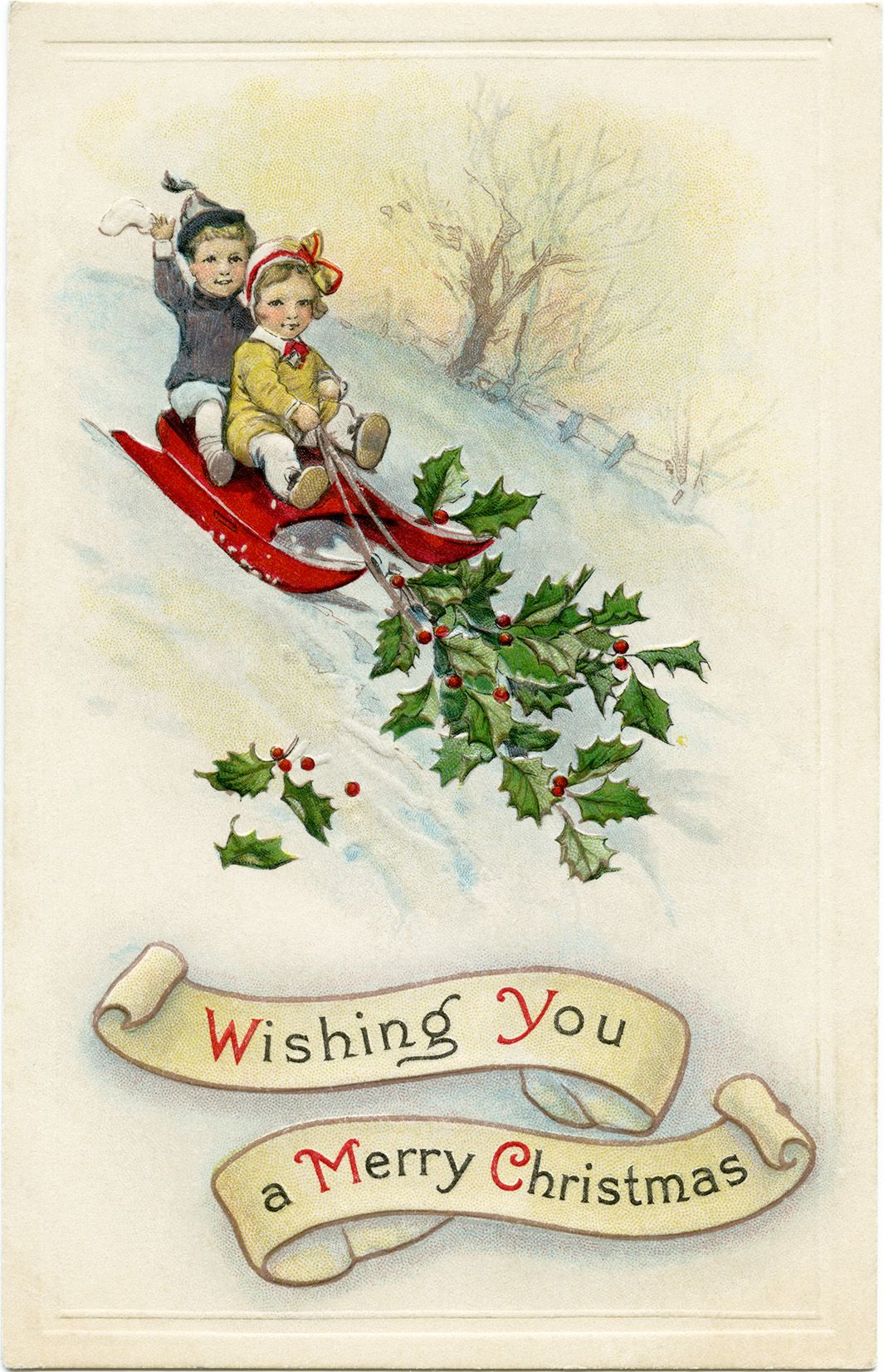 Free Vintage Christmas Printable Postcard Children Sledding Vintage 