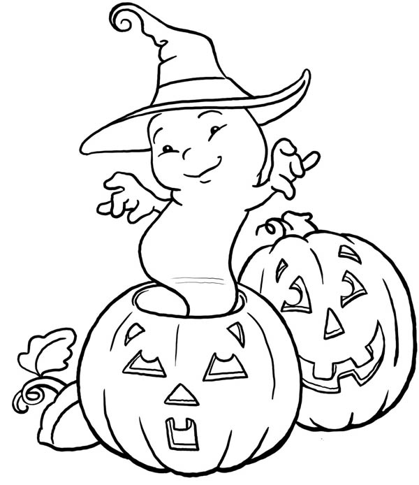 Little Ghost With Hat And Halloween Pumpkins Coloring Page Download 