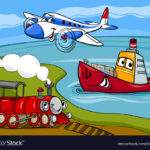 Plane Ship Train Cartoon Royalty Free Vector Image