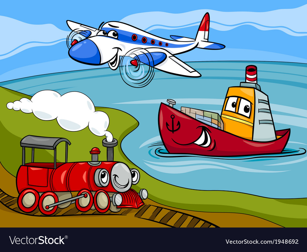 Plane Ship Train Cartoon Royalty Free Vector Image