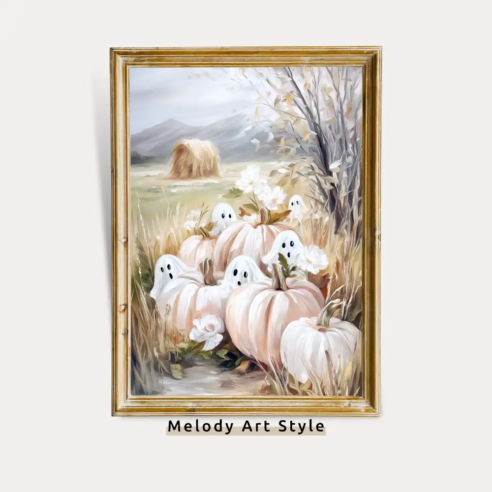 Countryside Ghosts And Pumpkins Wall Art Printable Fall Neutral Halloween Print Autumn Pastoral Decor Instant Digital Download P622