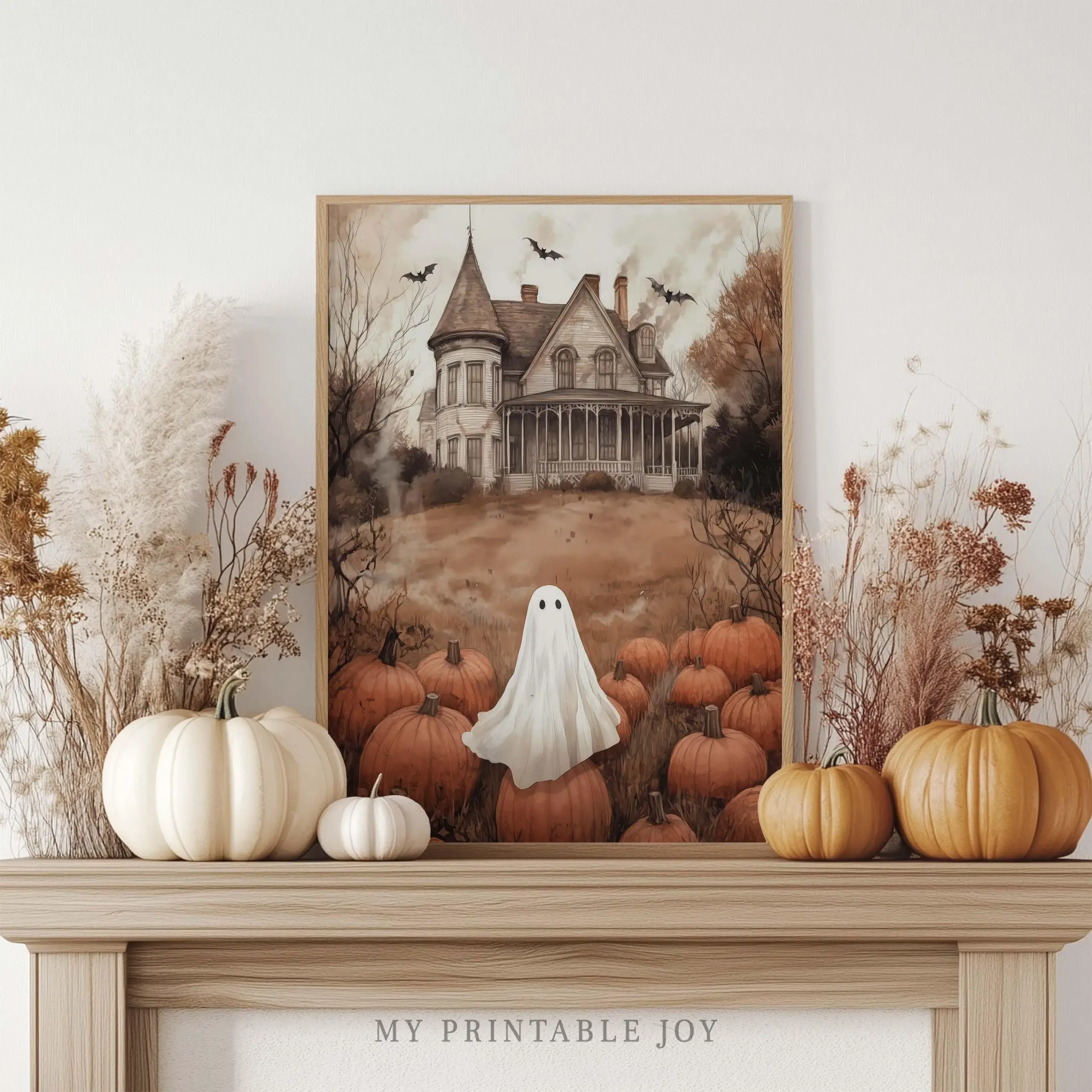 Ghost And Pumpkins Halloween Art Print