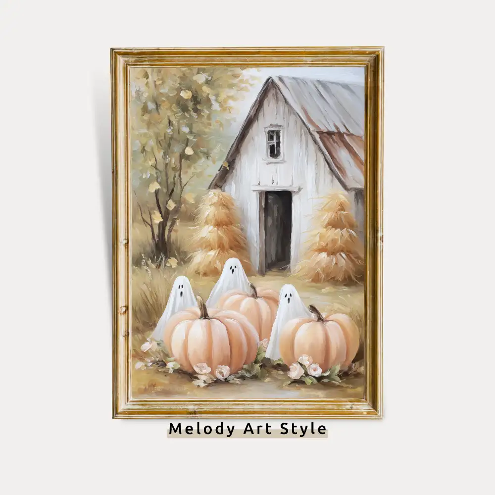 Ghosts And Pumpkins Wall Art Printable Country Halloween Print Fall Ghost Painting Barn At Autumn Harvest Digital Download P623